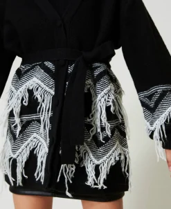Manteau En Maille De Laine Mélangée Avec Franges