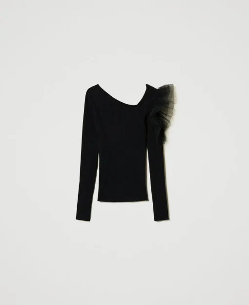Pull Ajusté Avec Ajour Et Tulle