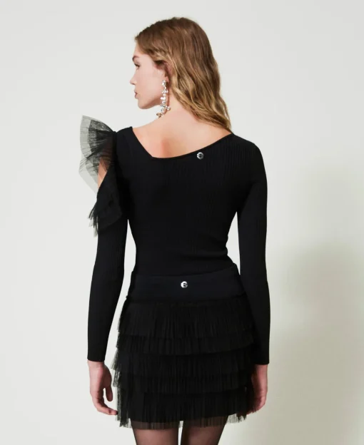 Pull Ajusté Avec Ajour Et Tulle
