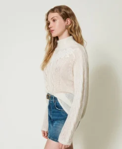 Pull Col Montant En Laine Et Mohair Avec Dentelle