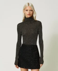 Pull Col Montant En Lurex Côtelé