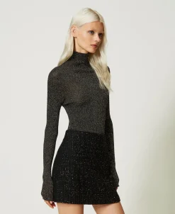 Pull Col Montant En Lurex Côtelé