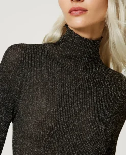 Pull Col Montant En Lurex Côtelé