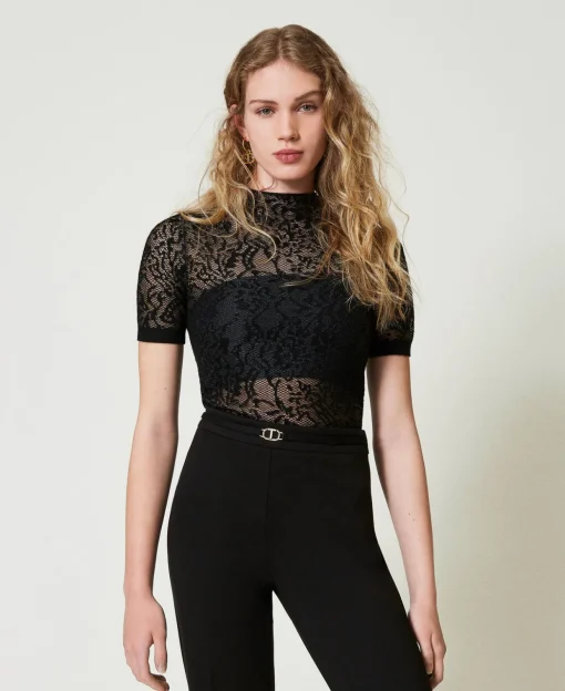 Pull Col Montant Jacquard Effet Dentelle