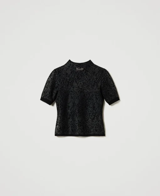 Pull Col Montant Jacquard Effet Dentelle