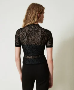 Pull Col Montant Jacquard Effet Dentelle