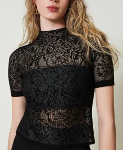 Pull Col Montant Jacquard Effet Dentelle
