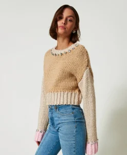 Pull Color Block Avec Broderies Réalisées à La Main