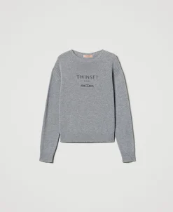 Pull En Laine Mélangée Avec Logo Brodé