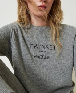 Pull En Laine Mélangée Avec Logo Brodé