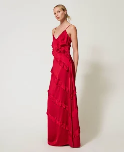 Robe Longue En Satin Avec Volants