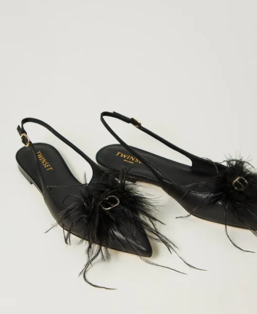 Ballerines Slingbacks En Cuir Avec Plumes