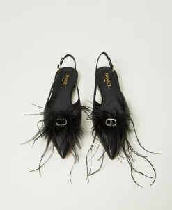 Ballerines Slingbacks En Cuir Avec Plumes