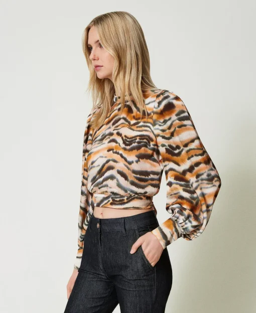 Blouse Cropped En Satin Animalier