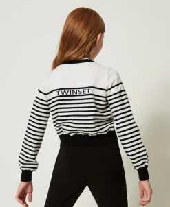 Cardigan Rayé Avec Logo Jacquard