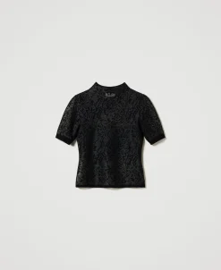 Pull Col Montant Jacquard Effet Dentelle