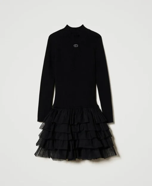 Robe En Maille Côtelée Avec Tulle