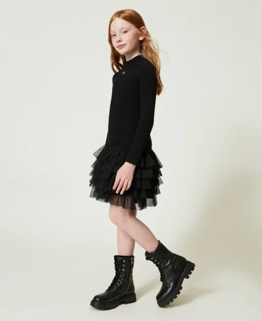 Robe En Maille Côtelée Avec Tulle