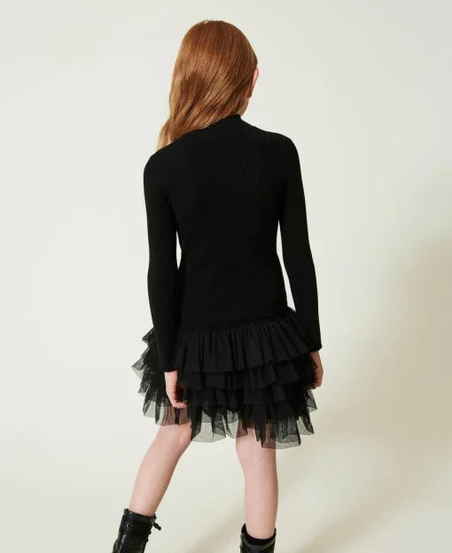 Robe En Maille Côtelée Avec Tulle
